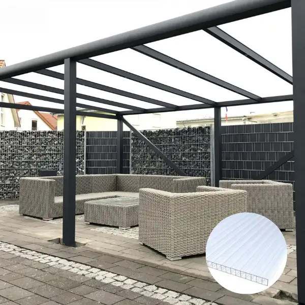 firstline alu terrassenüberdachung freistehend | anthrazit mit stegplatten 16mm farblos/klar