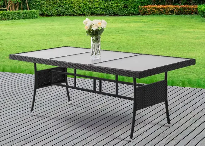 gartentisch polyrattan schwarz 190x90x75cm glas